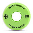large close up image of a single aggressive inline skate wheel. The wheel face and core are green with black text the reads "RED EYE WHEEL.CO" "60mm 90a" and a small black logo of the company. The wheel urethane itself is white.