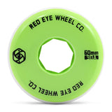 large close up image of a single aggressive inline skate wheel. The wheel face and core are green with black text the reads "RED EYE WHEEL.CO" "60mm 90a" and a small black logo of the company. The wheel urethane itself is white.
