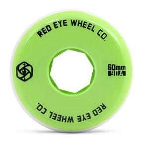 large close up image of a single aggressive inline skate wheel. The wheel face and core are green with black text the reads "RED EYE WHEEL.CO" "60mm 90a" and a small black logo of the company. The wheel urethane itself is white.