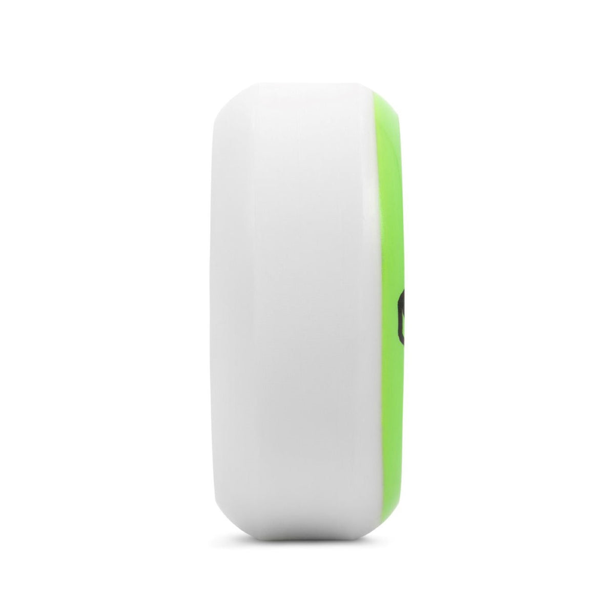 Profile view of a single white urethane aggressive skate wheel. The green graphic printed on the side of the wheel is visible in this image as a green stripe on the right side. The wheel is featured on a white background.