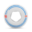 Close up shot of a single white urethane aggressive inline anti rocker wheel. There are two thin blue lines that circle the wheel on the face with a red logo and text that reads "46mm 100a". The wheel is featured against a white background.