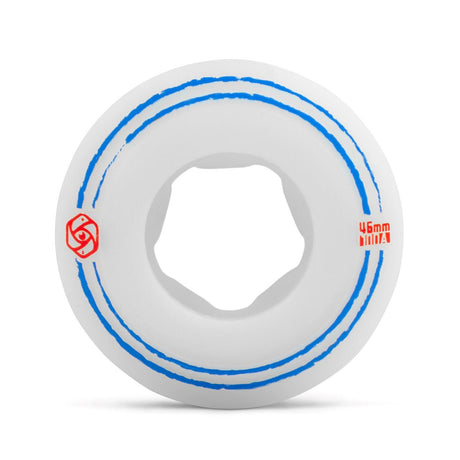 Close up shot of a single white urethane aggressive inline anti rocker wheel. There are two thin blue lines that circle the wheel on the face with a red logo and text that reads "46mm 100a". The wheel is featured against a white background.