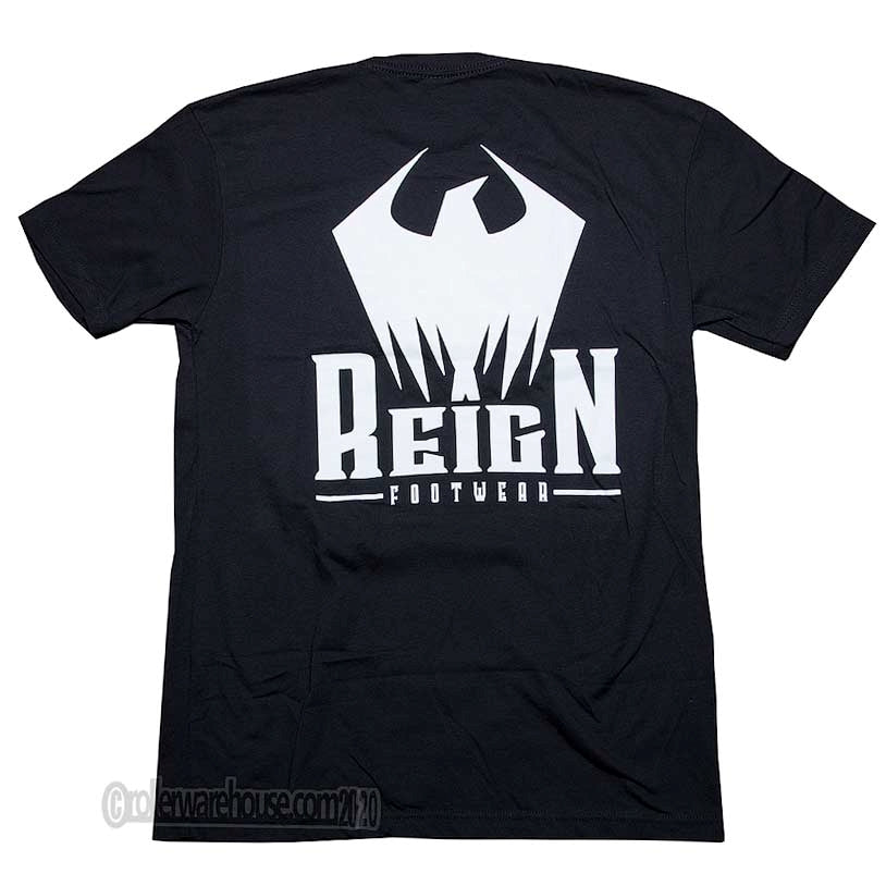 A black short-sleeve t-shirt shown from the back, featuring a large white graphic of a stylized bird above the text 'Reign Footwear'.