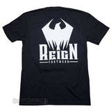 A black short-sleeve t-shirt shown from the back, featuring a large white graphic of a stylized bird above the text 'Reign Footwear'.