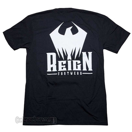 A black short-sleeve t-shirt shown from the back, featuring a large white graphic of a stylized bird above the text 'Reign Footwear'.