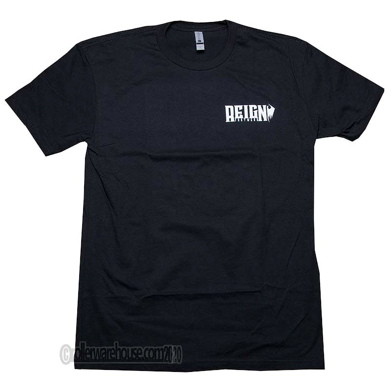A black short-sleeve t-shirt with a white 'REIGN' text and heart logo printed on the left chest, displayed flat against a white background.