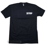 A black short-sleeve t-shirt with a white 'REIGN' text and heart logo printed on the left chest, displayed flat against a white background.