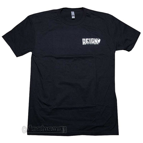 A black short-sleeve t-shirt with a white 'REIGN' text and heart logo printed on the left chest, displayed flat against a white background.