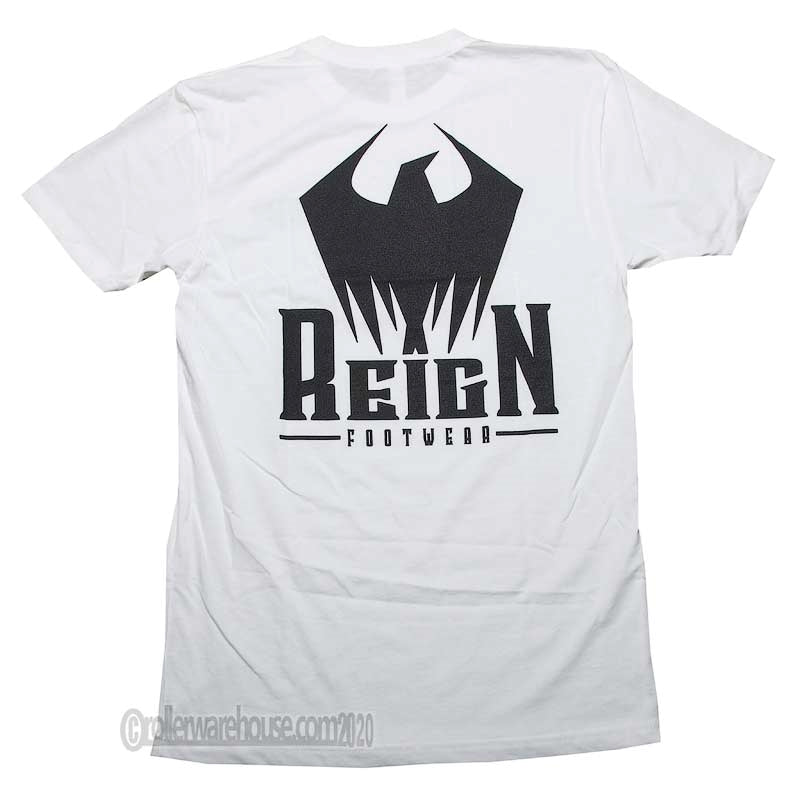White short-sleeve t-shirt showing the back, which features a large black graphic of a bird above the text 'REIGN FOOTWEAR' on a white background