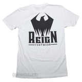 White short-sleeve t-shirt showing the back, which features a large black graphic of a bird above the text 'REIGN FOOTWEAR' on a white background