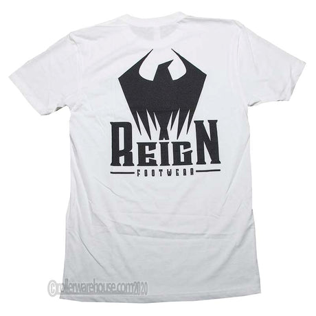 White short-sleeve t-shirt showing the back, which features a large black graphic of a bird above the text 'REIGN FOOTWEAR' on a white background