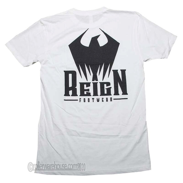 White short-sleeve t-shirt showing the back, which features a large black graphic of a bird above the text 'REIGN FOOTWEAR' on a white background