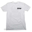 A white short-sleeve crewneck t-shirt with a black 'REIGN' graphic printed on the left chest, displayed flat against a white background.