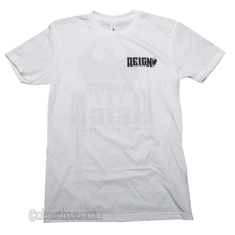 A white short-sleeve crewneck t-shirt with a black 'REIGN' graphic printed on the left chest, displayed flat against a white background.