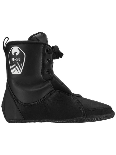 A black high-top boot with a white and black 'REIGN' logo on the side, featuring a lace-up front and a pull tab, shown against a plain white background.