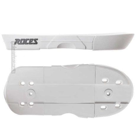 A white soul plate for an aggressive inline skate pictured from both the side and bottom with "roces" branding on the side. The product is featured against a white background.