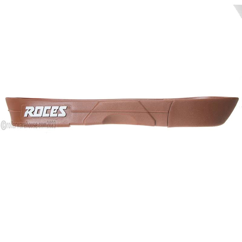 A brown aggressive inline skate soul plate with the brand name 'ROCES' printed in white on the left side, shown against a plain white background.