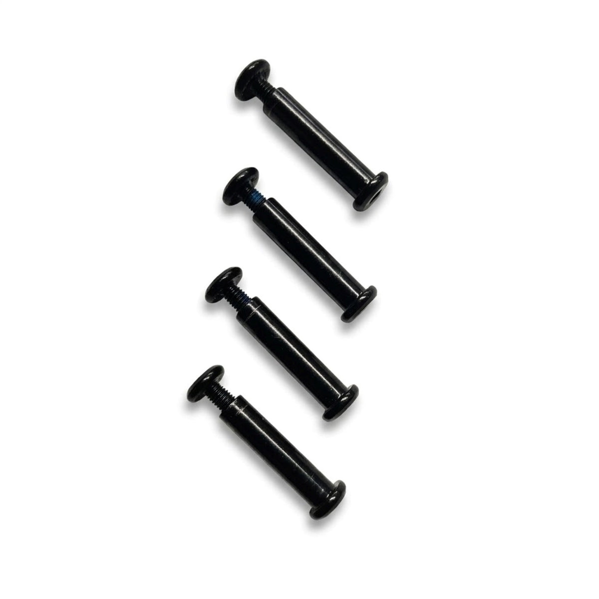 Four black aggressive skate axle bolts with lined up next to each other on a white background.