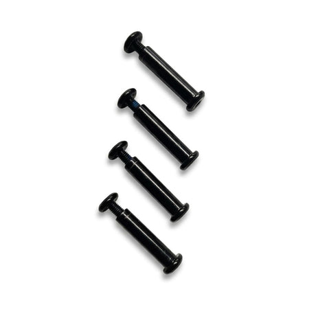 Four black aggressive skate axle bolts with lined up next to each other on a white background.