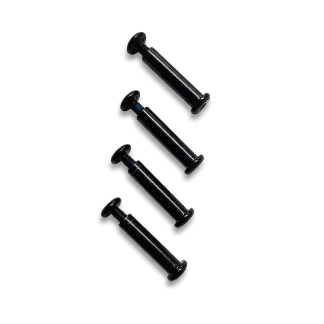 Four black aggressive skate axle bolts with lined up next to each other on a white background.