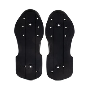 A pair of black aggressive skate soul plates with multiple holes in each soul plate. They are featured against a white background.