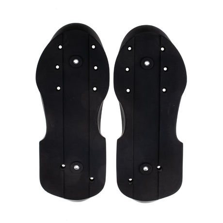 A pair of black aggressive skate soul plates with multiple holes in each soul plate. They are featured against a white background.