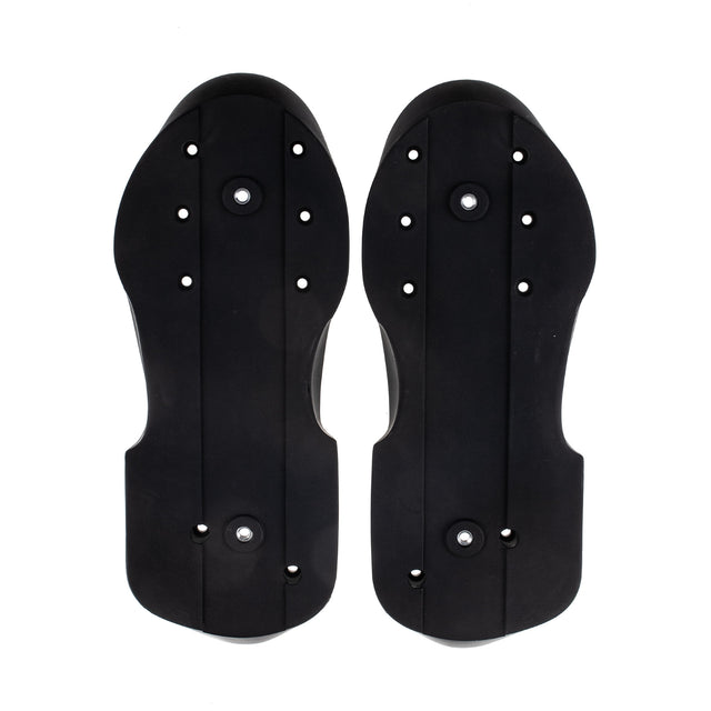A pair of black aggressive skate soul plates with multiple holes in each soul plate. They are featured against a white background.