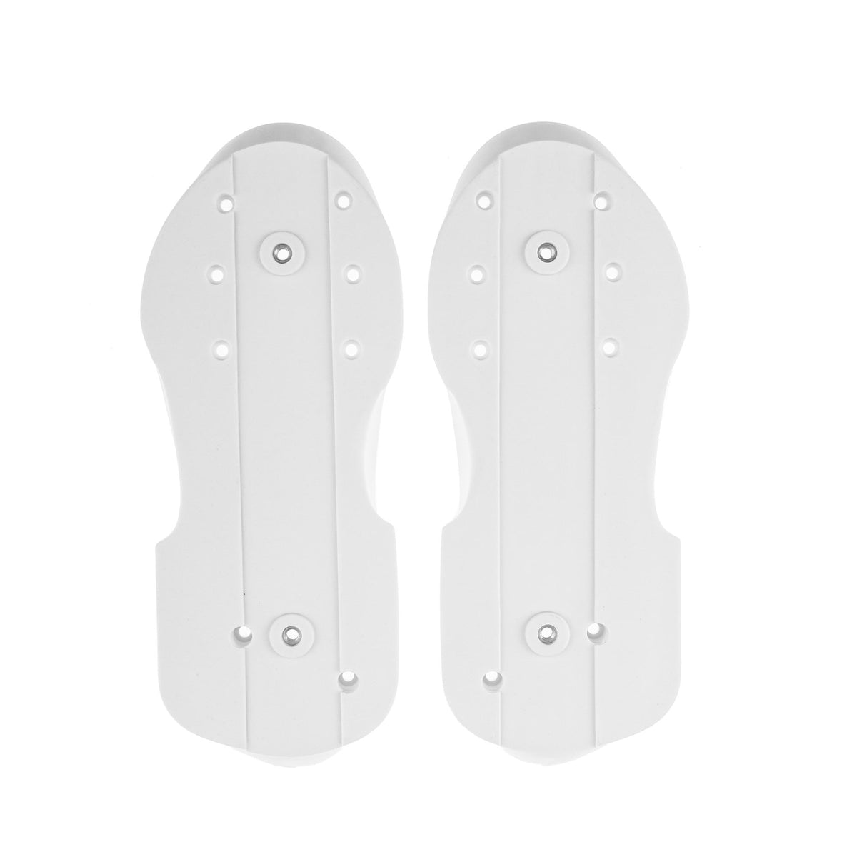A pair of white aggressive skate soul plates with multiple holes in each soul plate. They are featured against a white background.