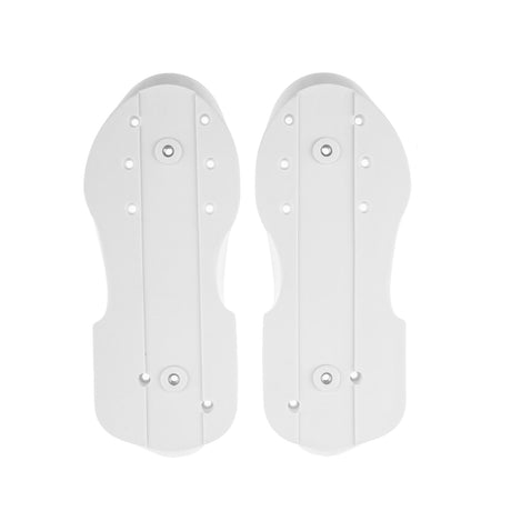 A pair of white aggressive skate soul plates with multiple holes in each soul plate. They are featured against a white background.