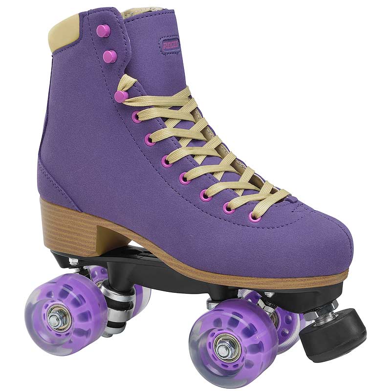 Purple roller skate with beige laces on a white background