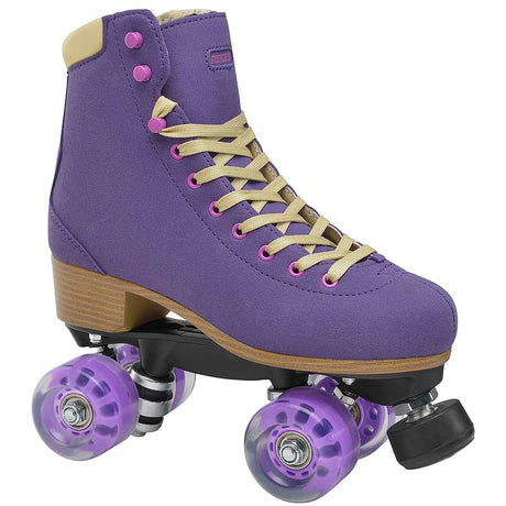 Purple roller skate with beige laces on a white background