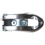 A close-up of a polished metallic aggressive skate buckle, shown on a plain white background.
