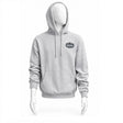 A grey sweatshirt with a company logo on a mannequins top half on a white background