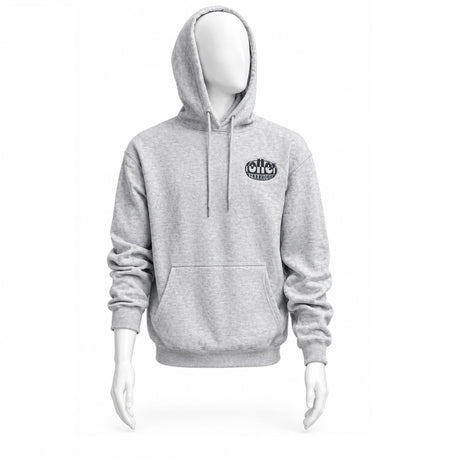 A grey sweatshirt with a company logo on a mannequins top half on a white background