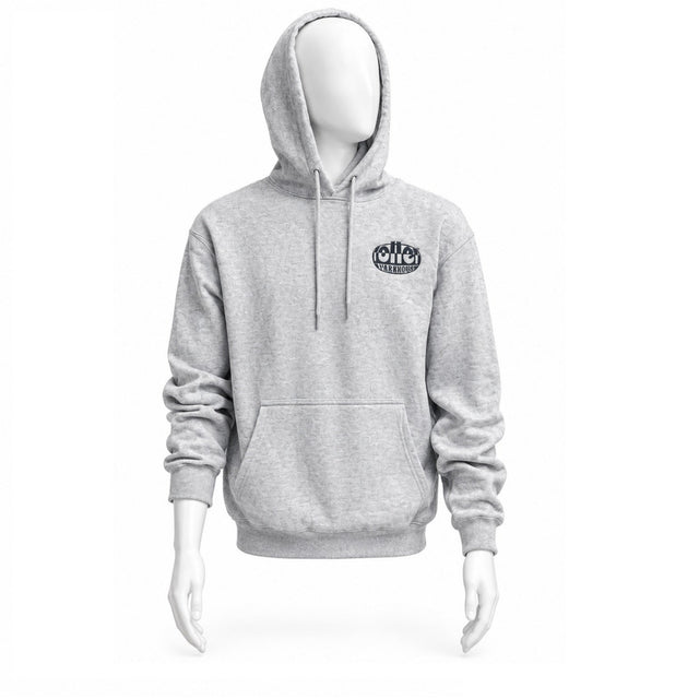 A grey sweatshirt with a company logo on a mannequins top half on a white background