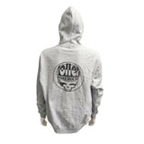 A light gray heather pullover hoodie shown from the back, featuring a large black circular graphic with a skull and the words Roller Warehouse printed on the center back.