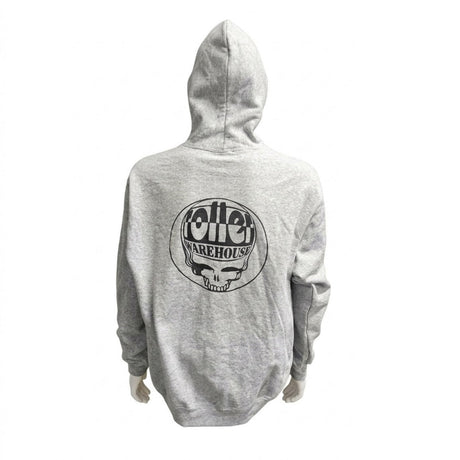 A light gray heather pullover hoodie shown from the back, featuring a large black circular graphic with a skull and the words Roller Warehouse printed on the center back.
