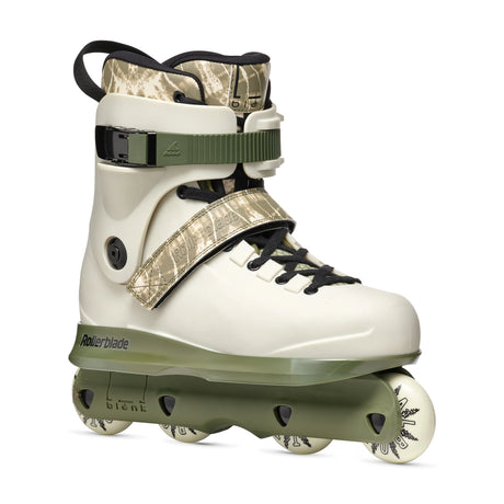 White and green inline skate with camouflage pattern on a white background