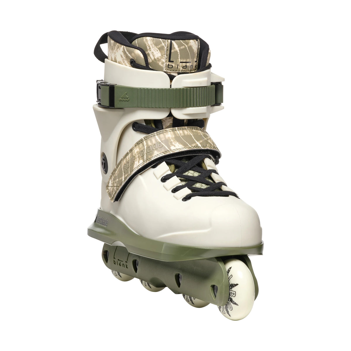 A single inline skate boot shown on a plain white background. The boot has a white plastic shell with a camouflage-patterned strap and ankle support, olive green plastic base and wheels, black laces, and a green buckle strap.