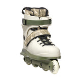 A single inline skate boot shown on a plain white background. The boot has a white plastic shell with a camouflage-patterned strap and ankle support, olive green plastic base and wheels, black laces, and a green buckle strap.
