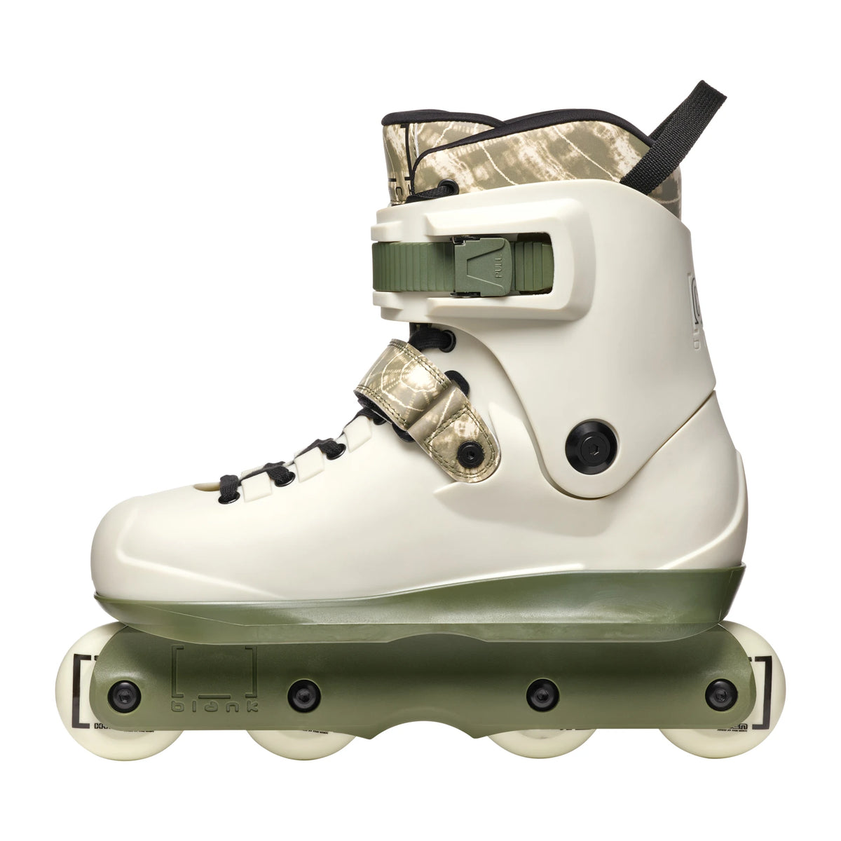 A single inline skate boot shown in profile against a plain white background. The boot is primarily off-white with olive green accents on the sole, heel area, and buckle strap, and features a camouflage-patterned collar and buckle strap.