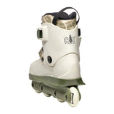 A single inline skate boot in off-white with a green base and trim, featuring a camouflage-patterned cuff and a black heel strap, shown against a plain white background.