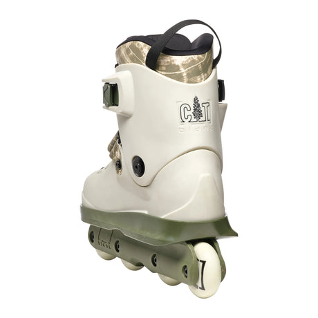 A single inline skate boot in off-white with a green base and trim, featuring a camouflage-patterned cuff and a black heel strap, shown against a plain white background.