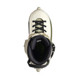 A top-down view of a white inline skate boot with black laces, a black padded ankle collar, and a camouflage-patterned lace guard, shown against a plain white background.