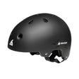 A matte black Rollerblade helmet with white brand logos on the side, shown from a three-quarters angle against a plain white background.