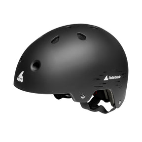 A matte black Rollerblade helmet with white brand logos on the side, shown from a three-quarters angle against a plain white background.