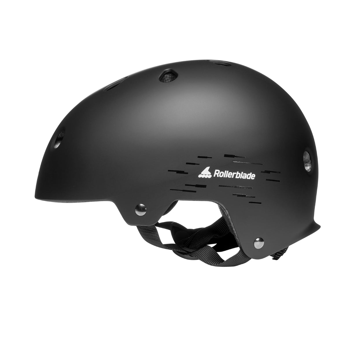 A matte black Rollerblade helmet shown from a side profile view against a solid white background.
