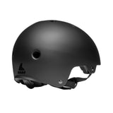 A matte black skate helmet shown from a three-quarters rear angle against a solid white background.