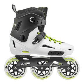 Side view of a black and white inline Rollerblade skate with yellow accents and three large white wheels on a white background