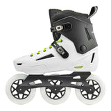 Side view of a black and white inline Rollerblade skate with yellow accents and three large white wheels on a white background